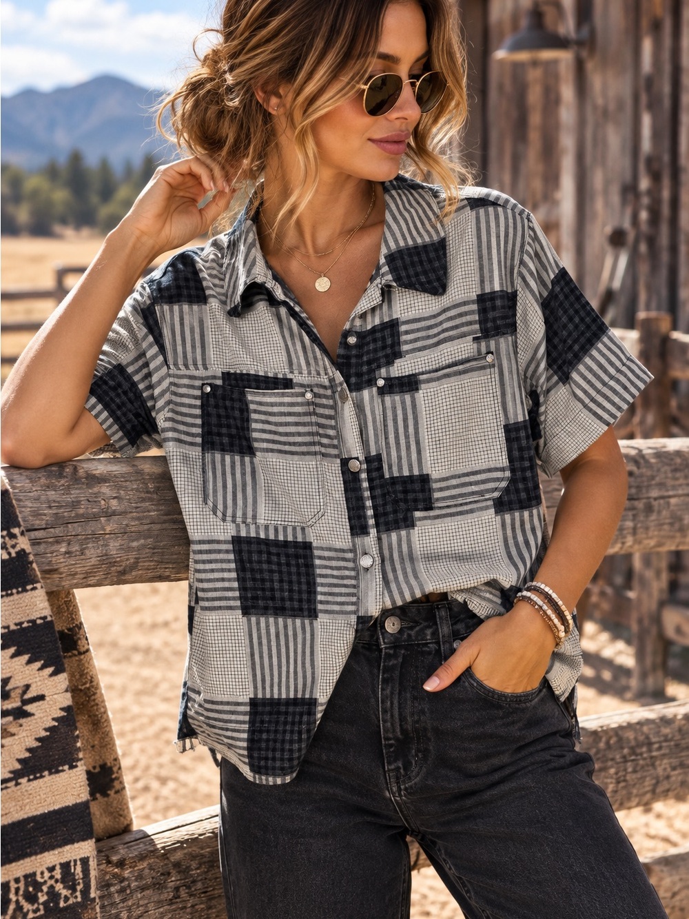 Listicle NWT Patchwork Plaid Button Down Shirt Black White Cotton Blend